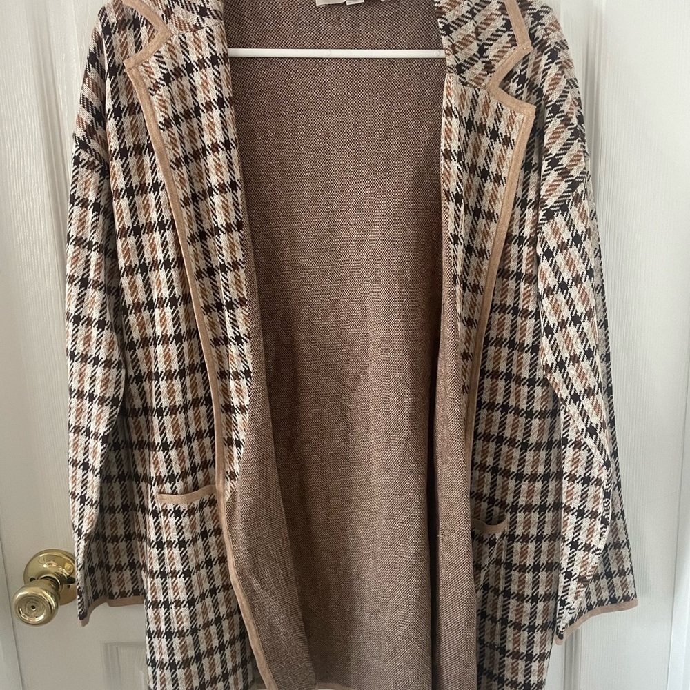LOFT Brown and Cream Checkered Cardigan